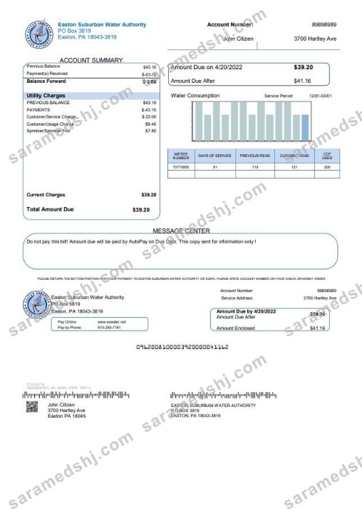 USA Eastern Suburban Water Authority utility bill template in Word and PDF format